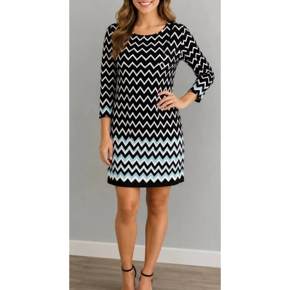 WHBM Women Sweater Dress XL Chevron 3/4 Sleeve Mini Retro Office Business